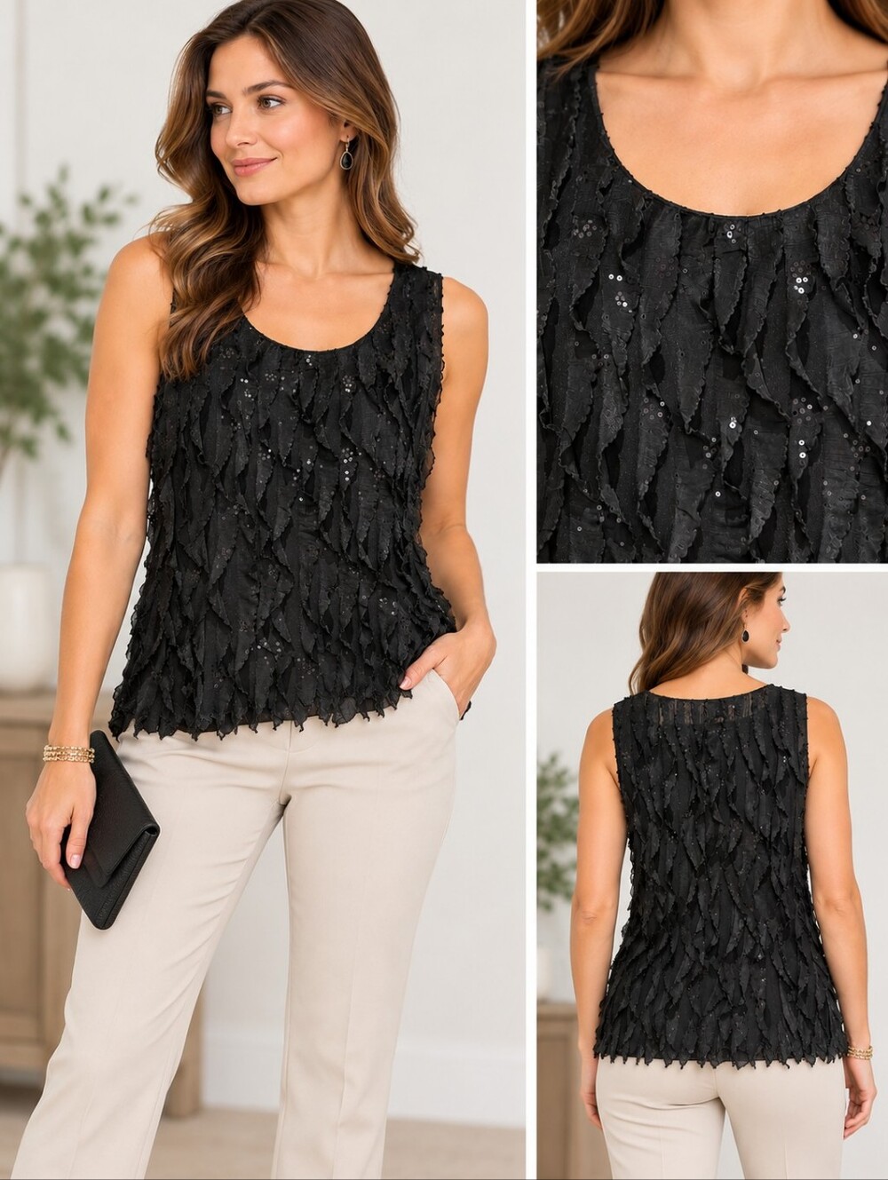 ✨️🖤 Sunny Leigh Black Ruffle Sequin Sleeveless Tank Top - PL